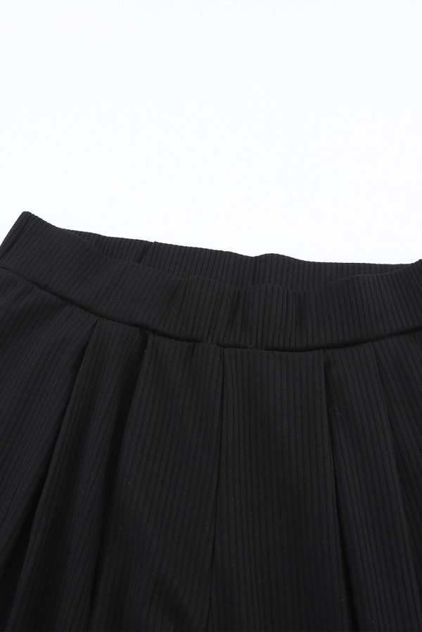 Black Solid Color Ribbed Crop Top Long Pants Set - Image 8