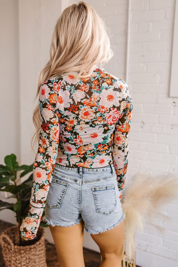 Orange Floral Mesh Slim Long Sleeve Crop Top - Image 3