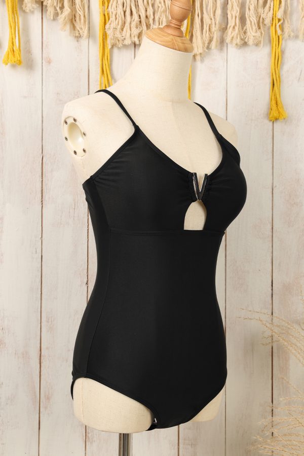 Black Spaghetti Straps Metal V Decor One-Piece Swimsuit - Image 6