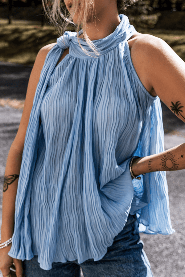 Myosotis Textured Pleated Tied Mock Neck Flowy Tank Top - Image 3