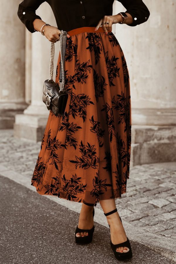 Peach Blossom Floral Leaves Embroidered High Waist Maxi Skirt - Image 13