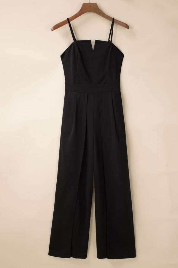 Black Spaghetti Straps Slit Leg Jumpsuit with Pockets - Image 5