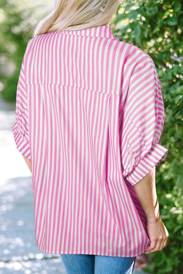 Pink Stripe Dolman Sleeve Oversize Shirt - Image 2