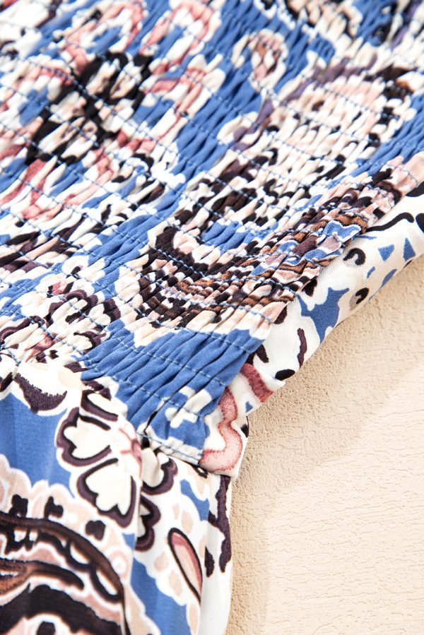 Blue Paisley Print Twist Detail Smocked Back Spaghetti Straps Long Dress - Image 6