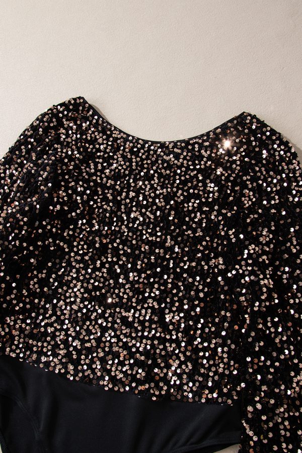 Black Deep V Back Sequin Puff Sleeve Bodysuit - Image 7