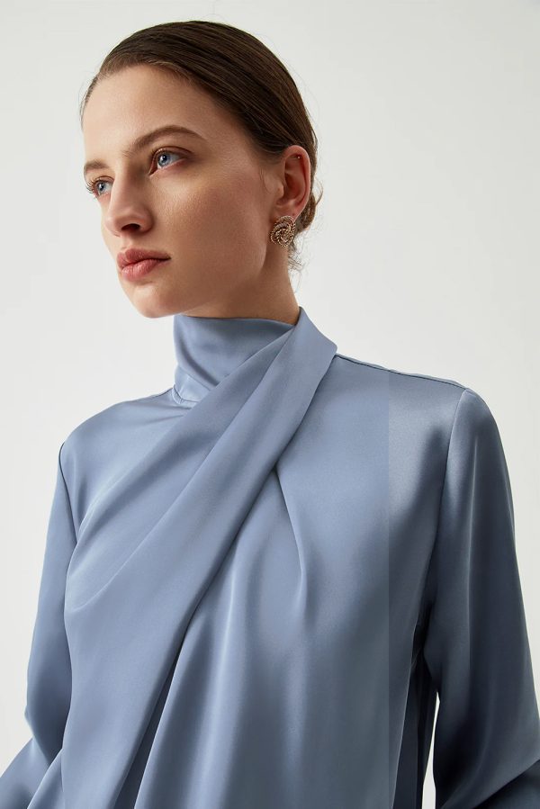 Ivy Asymmetric Pleated Turtleneck Bell Sleeve Blouse - Image 6