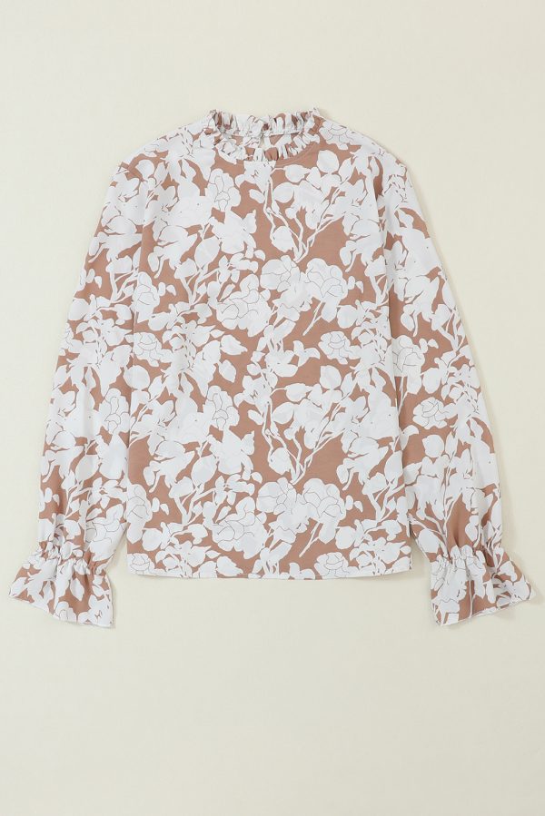 Light French Beige Floral Print Frilled Neckline Flounce Sleeve Blouse - Image 4