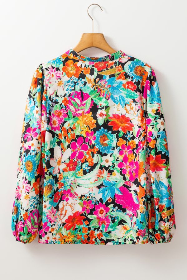 Multicolour Floral Print Bubble Sleeve V Neck Ruffled Blouse - Image 5