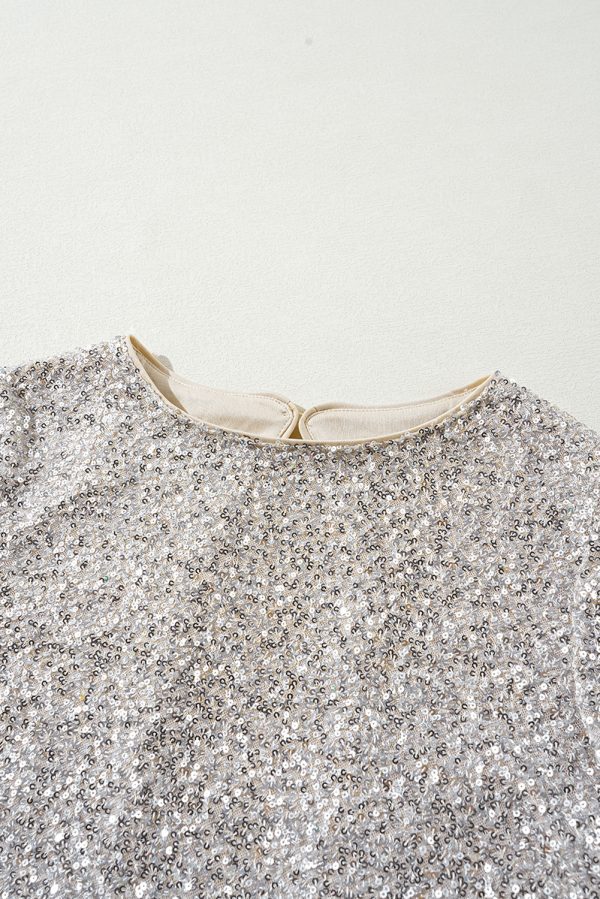 Silvery Sequin Puff Sleeve Cutout Back Blouse - Image 7