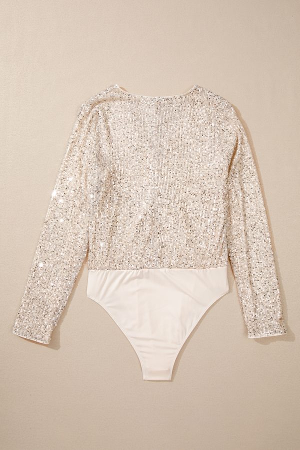 Beige Sequin Long Sleeve Wrap V Neck Bodysuit - Image 5