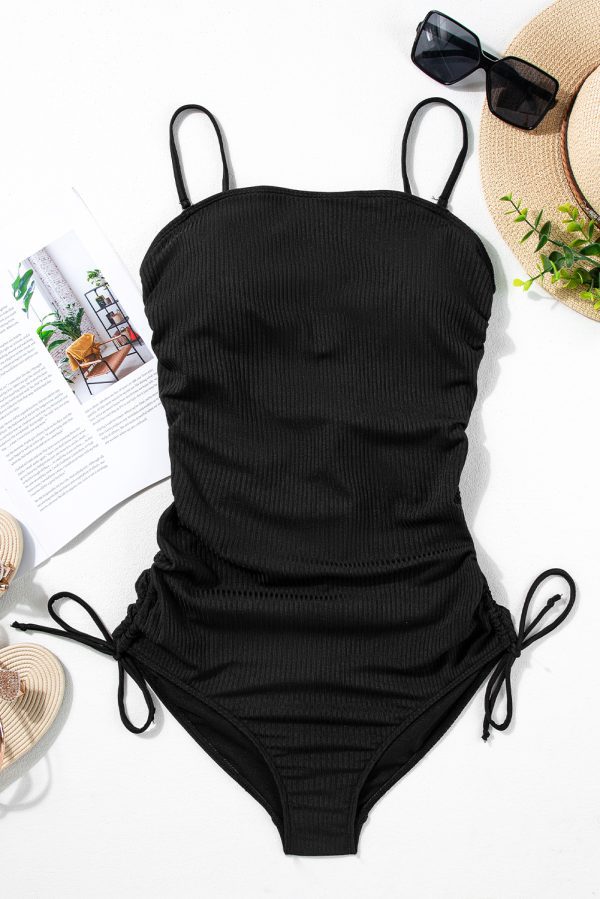Navy Blue Ribbed Drawstring Sides Cutout One Piece Swimsuit - Image 24