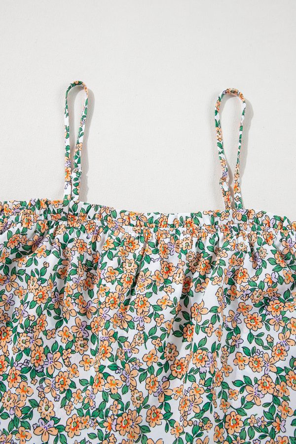 White Boho Floral Spaghetti Strap Ruffle Summer Tank Top - Image 9