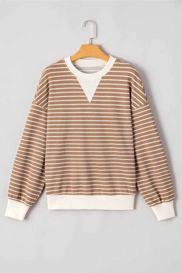 Khaki Stripe Patched Edge Textured Round Neck Long Sleeve Top - Image 6