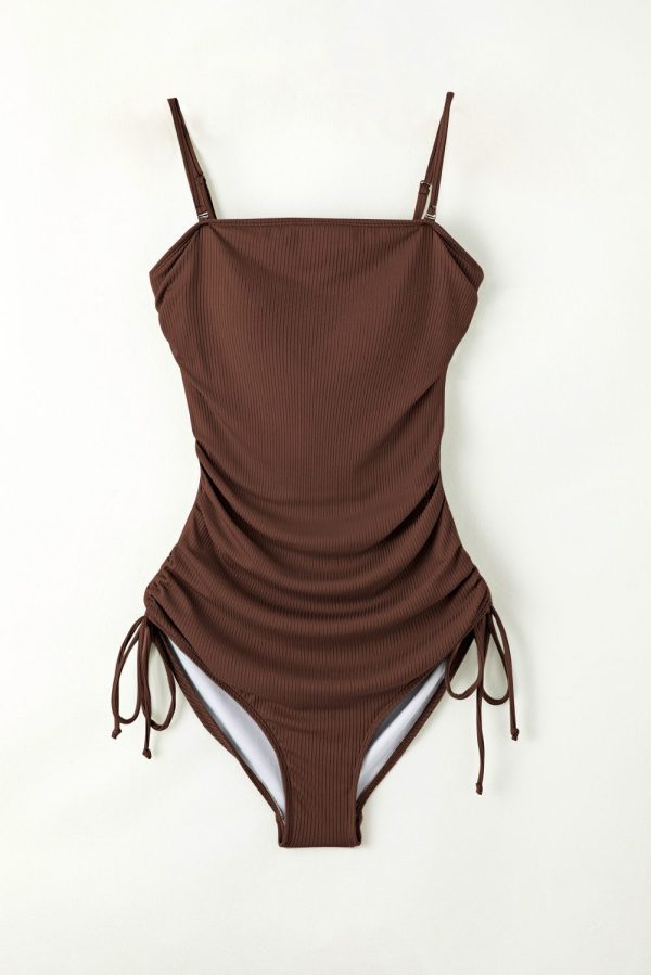 Navy Blue Ribbed Drawstring Sides Cutout One Piece Swimsuit - Image 10