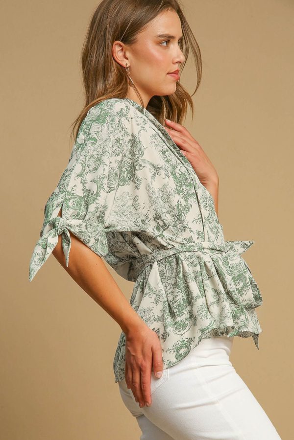 Green Landscape Print Tied 3/4 Sleeve Shirt with Sash - Image 3