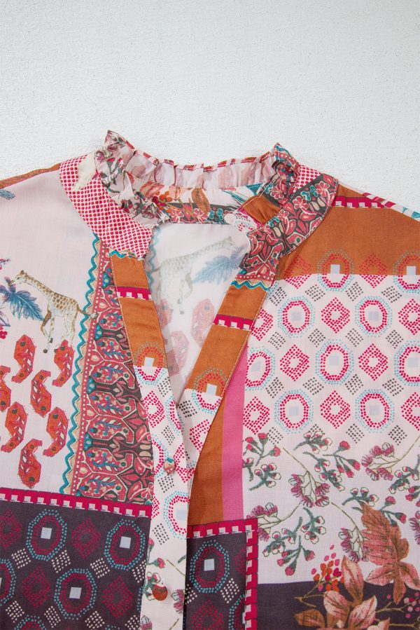 Red Boho Geometric Mixed Print Patchwork Bubble Sleeve Shirt - Image 9