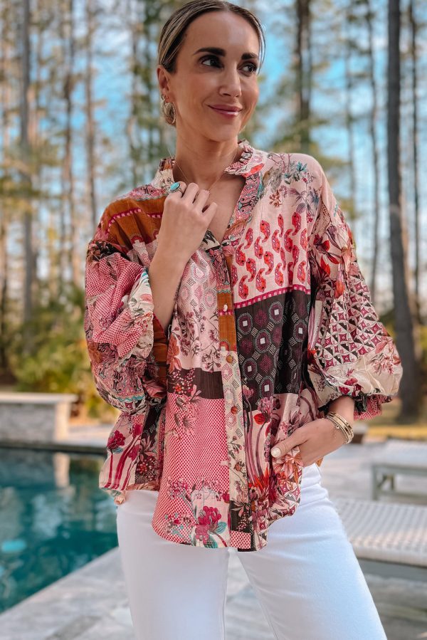 Red Boho Geometric Mixed Print Patchwork Bubble Sleeve Shirt - Image 3