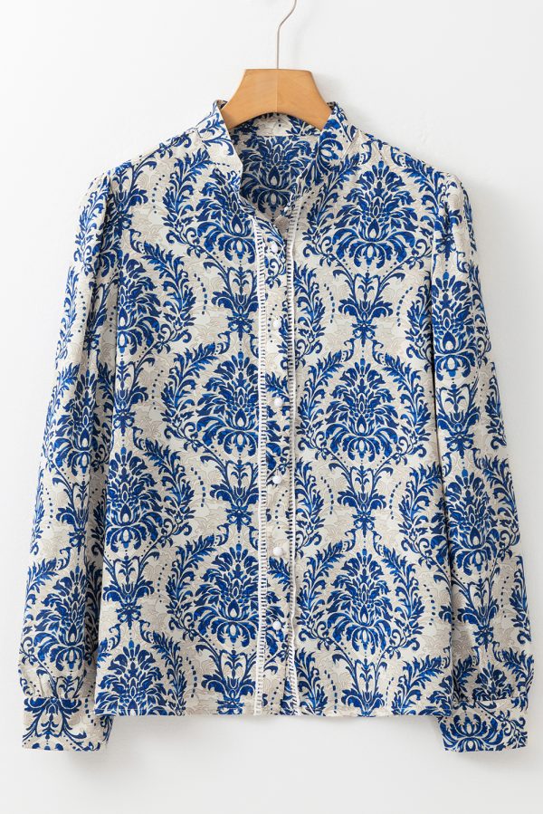 Sky Blue Bohemian Printed Bishop Sleeve Lace Shirt - Image 7