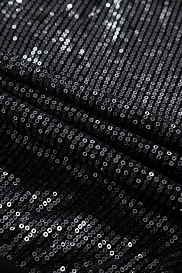 Black Sequin Mesh Long Sleeve Surplice Neck Bodysuit - Image 7