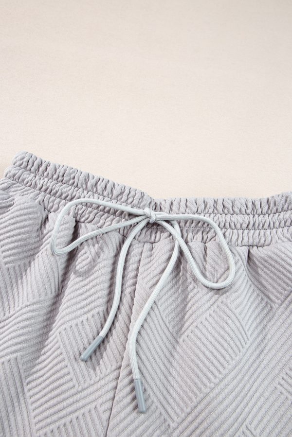 Light Grey Solid Textured Collared V Neck Top and Wide Leg Pants Set - Image 9