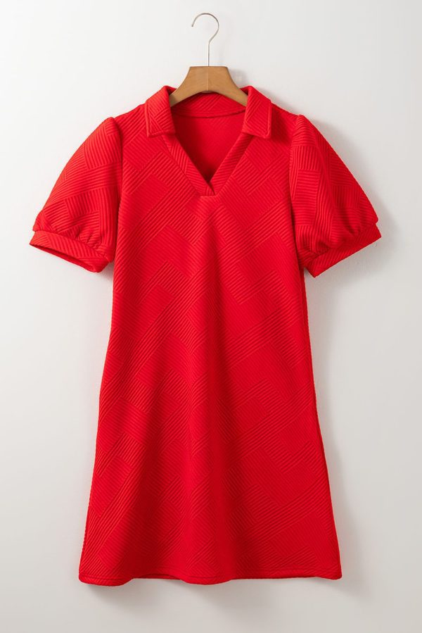Fiery Red Textured Collared V Neck Puff Short Sleeve Shift Mini Dress - Image 4
