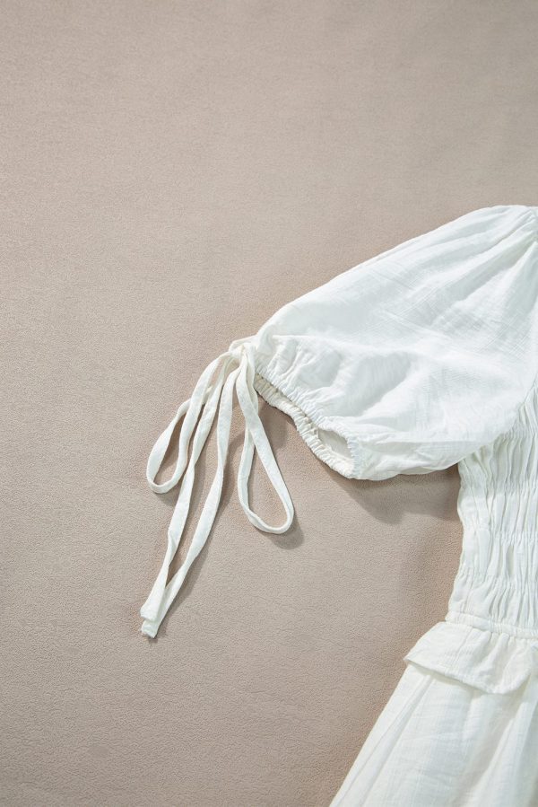 White Tie Short Sleeves Smocked Ruffle Mini Dress - Image 7