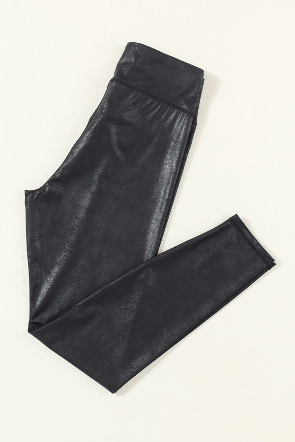 Black Crossed Dip Waist Sleek Leather Leggings - Image 4