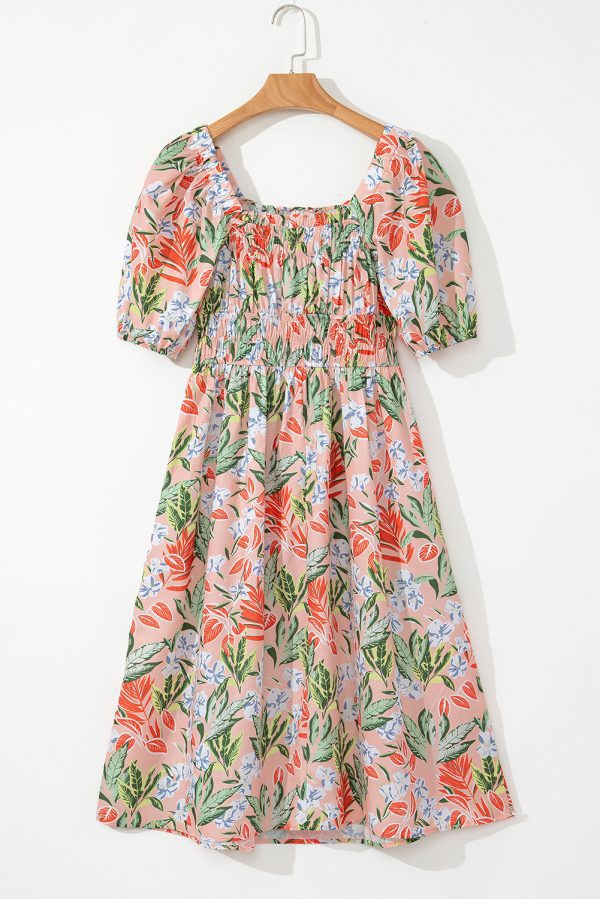 Apricot Pink Floral Smocked Bust Bubble Short Sleeve Maxi Dress - Image 6