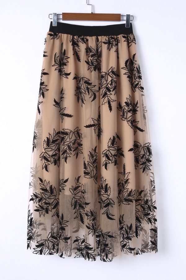 Peach Blossom Floral Leaves Embroidered High Waist Maxi Skirt - Image 9