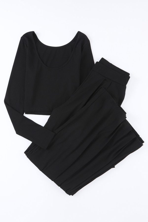 Black Solid Color Ribbed Crop Top Long Pants Set - Image 7
