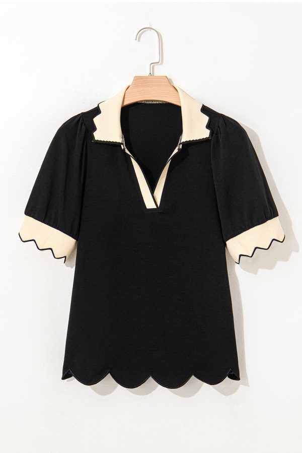 Black Color Contrast Collared V Neck Puff Sleeve Blouse - Image 4
