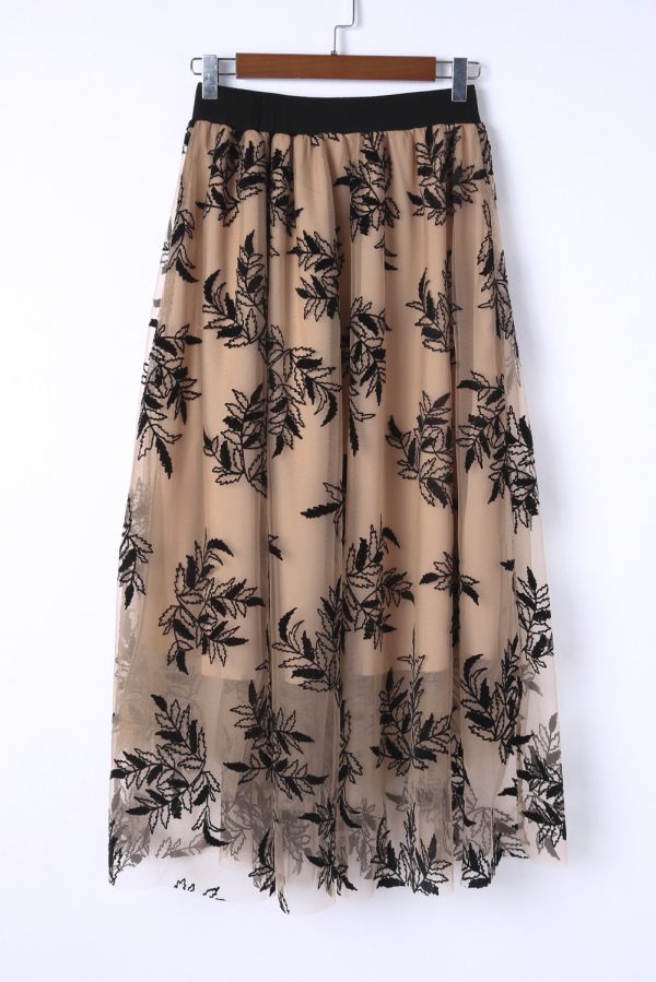 Peach Blossom Floral Leaves Embroidered High Waist Maxi Skirt - Image 8