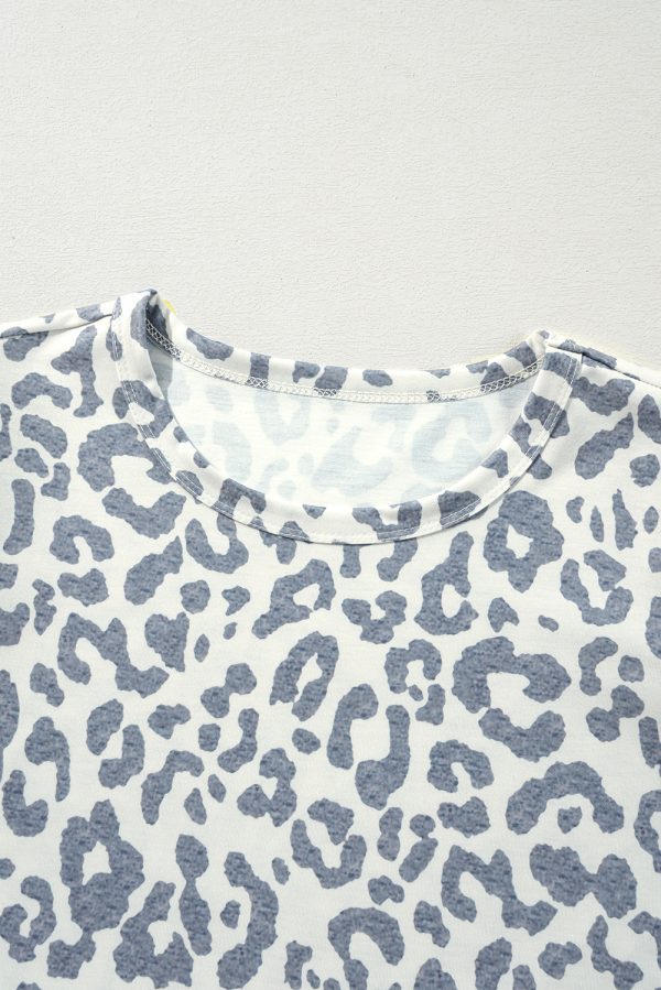 Beige Leopard Round Neck Lace Trim Petal Sleeve T Shirt - Image 8