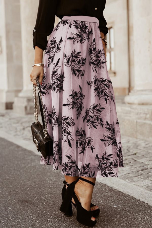 Peach Blossom Floral Leaves Embroidered High Waist Maxi Skirt - Image 2