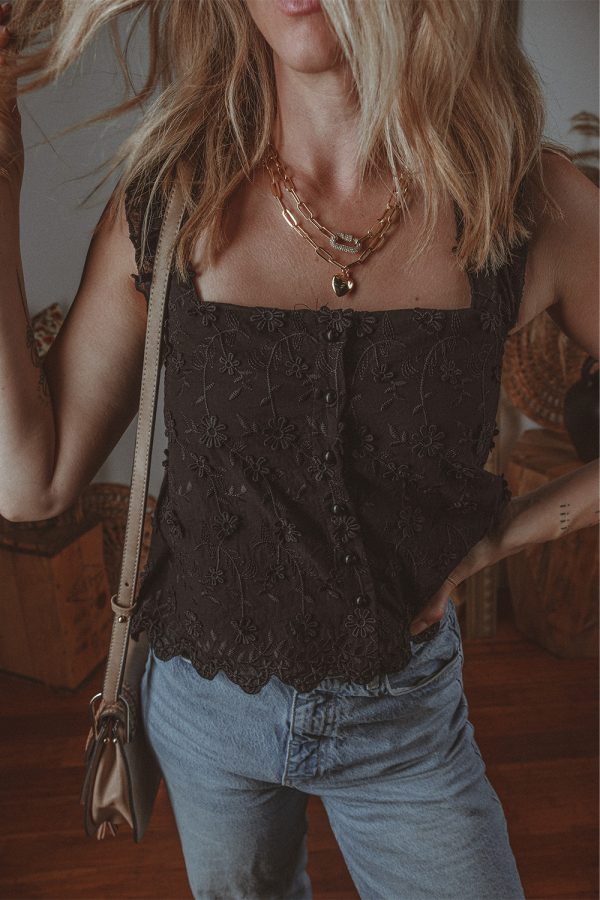 Black Floral Embroidered Buttoned Square Neck Tank Top - Image 3