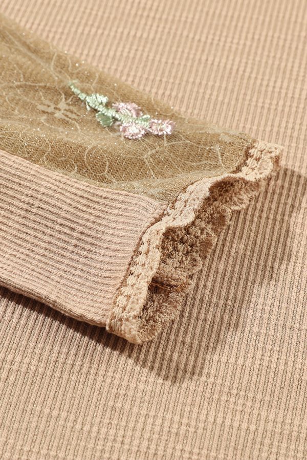 Light French Beige Floral Gauze Sleeve Patchwork Ribbed Knit Top - Image 5