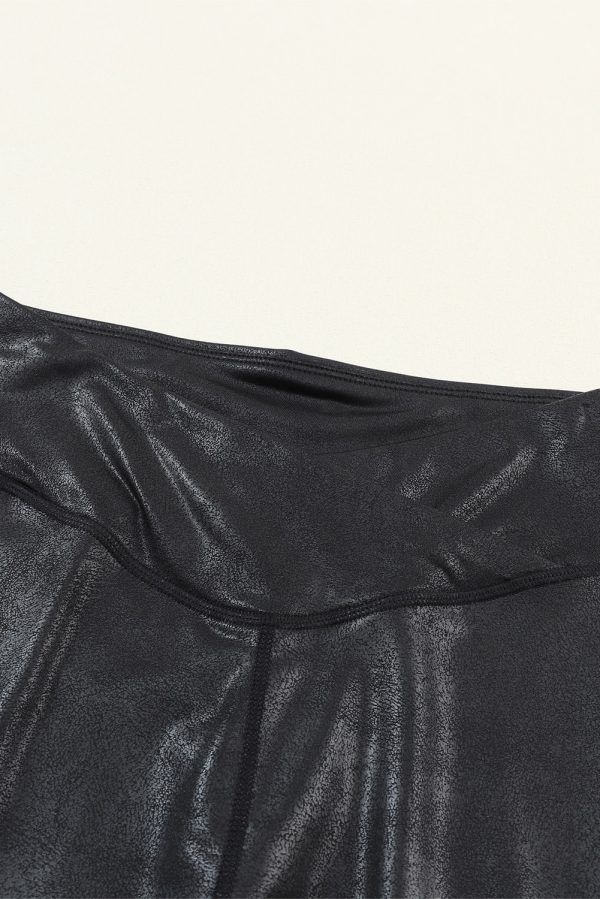 Black Crossed Dip Waist Sleek Leather Leggings - Image 6