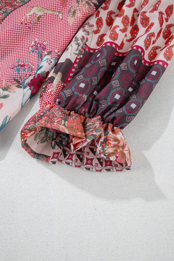 Red Boho Geometric Mixed Print Patchwork Bubble Sleeve Shirt - Image 10