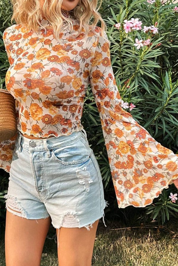 Orange Floral Printed Bell Sleeve Mock Neck Scallop Trim Blouse - Image 5
