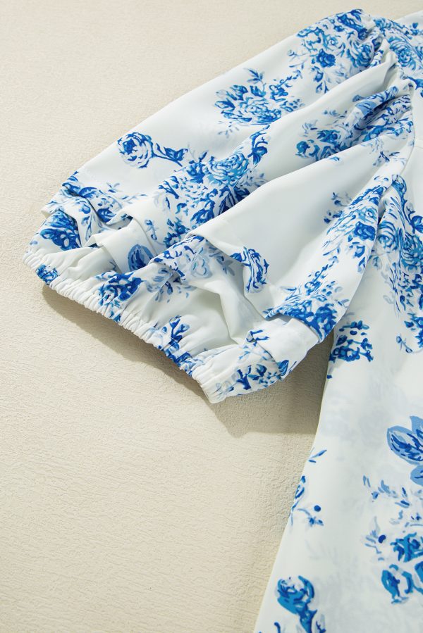 Sky Blue Floral Tiered Puff Short Sleeve Pleated Bust Buttoned Casual Shirt - Image 8