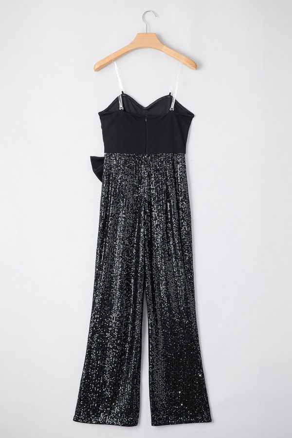 Black Sequined Tube Top Waist Knot Wide Leg Jumpsuit - Image 5