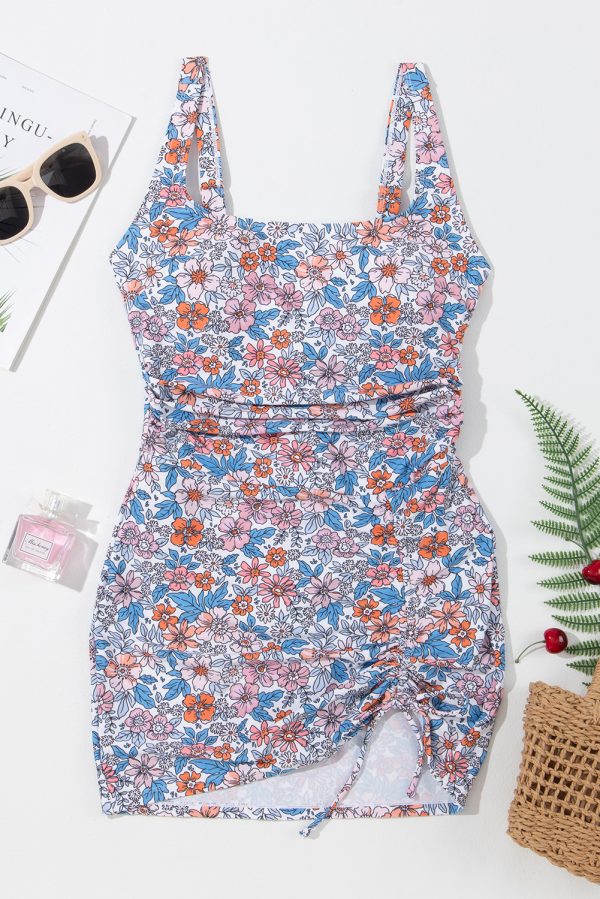 Pink Drawstring Ruched Floral Swim Dress - Image 7