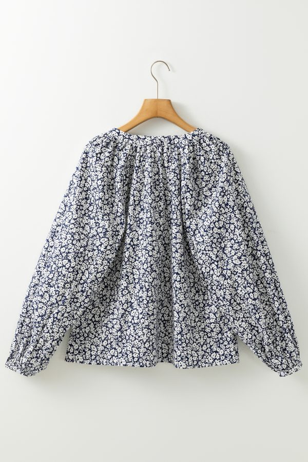 Blue Floral Print Notched V Neck Puff Sleeve Blouse - Image 5