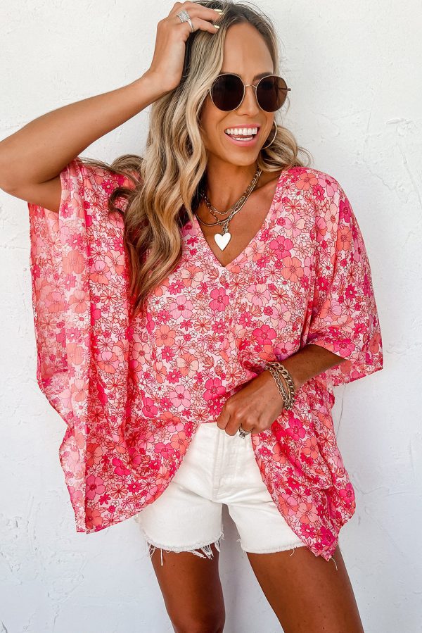 Pink Boho Floral V Neck Kimono Style Blouse - Image 3