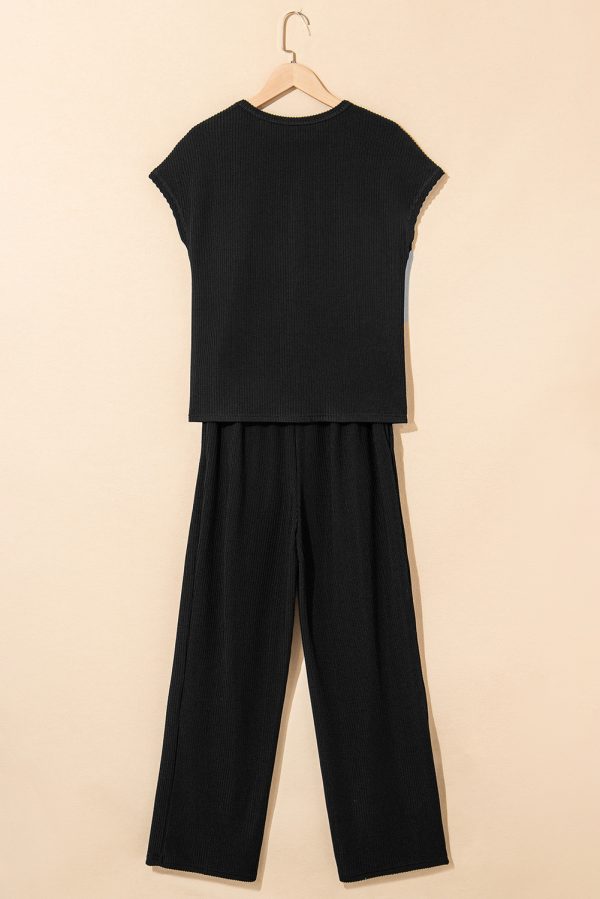 Navy Blue Solid Color Corded Short Sleeve Top and Casual Pants Set - Image 11