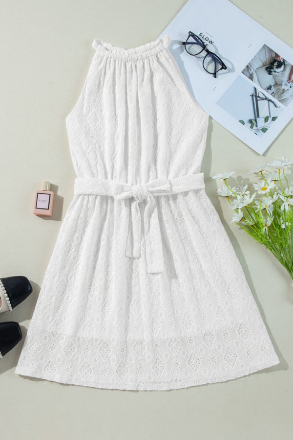White Lace Sleeveless Knot Hollow Out Back Tied Waist Mini Dress - Image 8