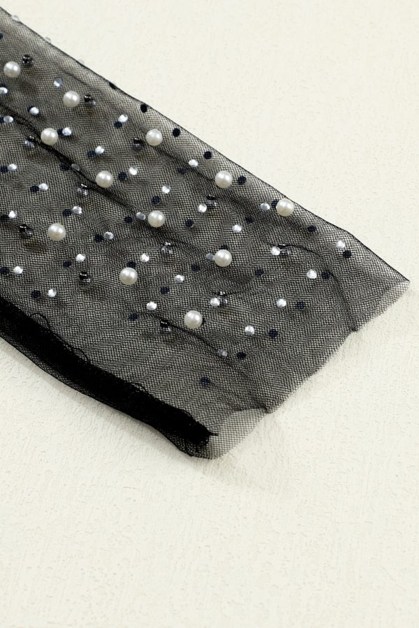 Black Pearl and Rhinestone Detail Sheer Mesh Top - Image 9