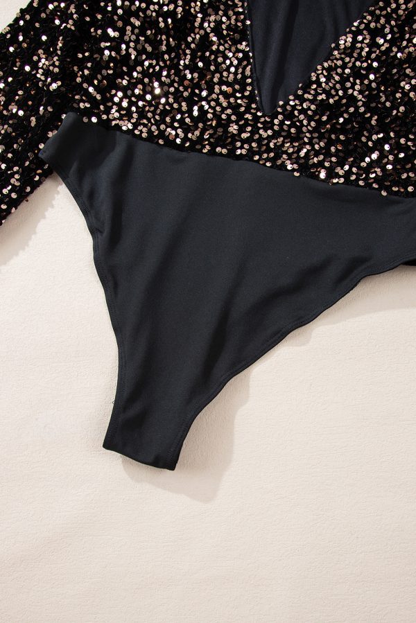 Black Deep V Back Sequin Puff Sleeve Bodysuit - Image 8