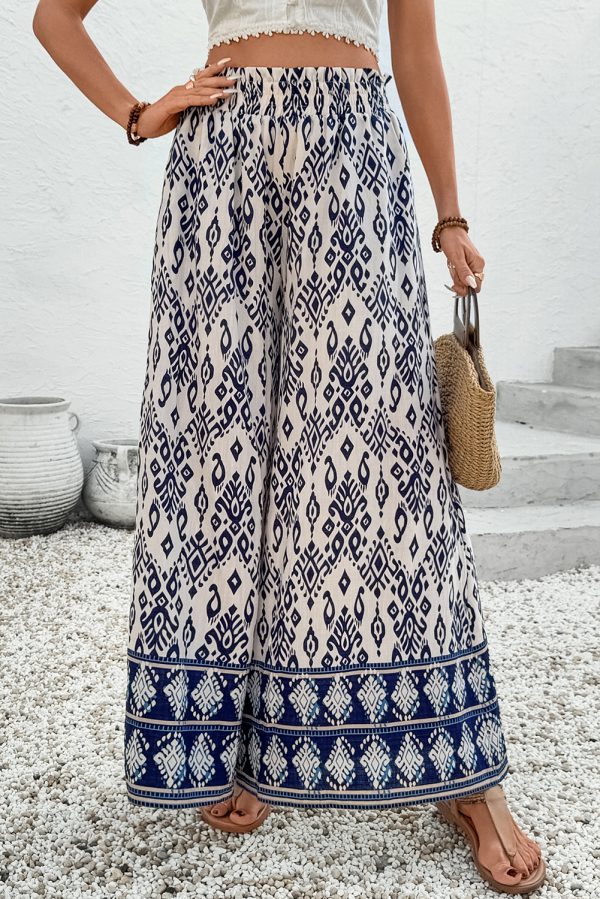 Blue Boho Pattern Print High Waist Wide Leg Loose Pants - Image 3
