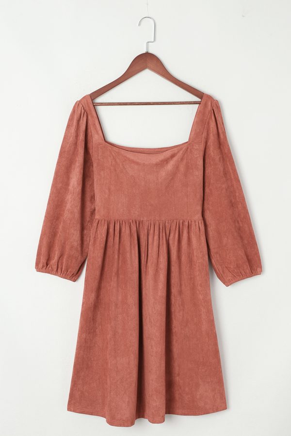 Black Suede Square Neck Puff Sleeve Dress - Image 15